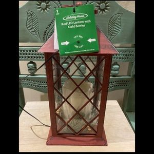 NEW Lantern Holiday Home LED rustic red w/gold berries. NWT.